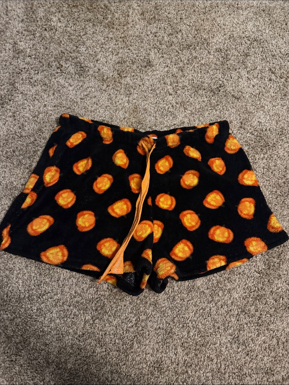 Women's Black and Orange Plush pumpkin Lounge Shorts